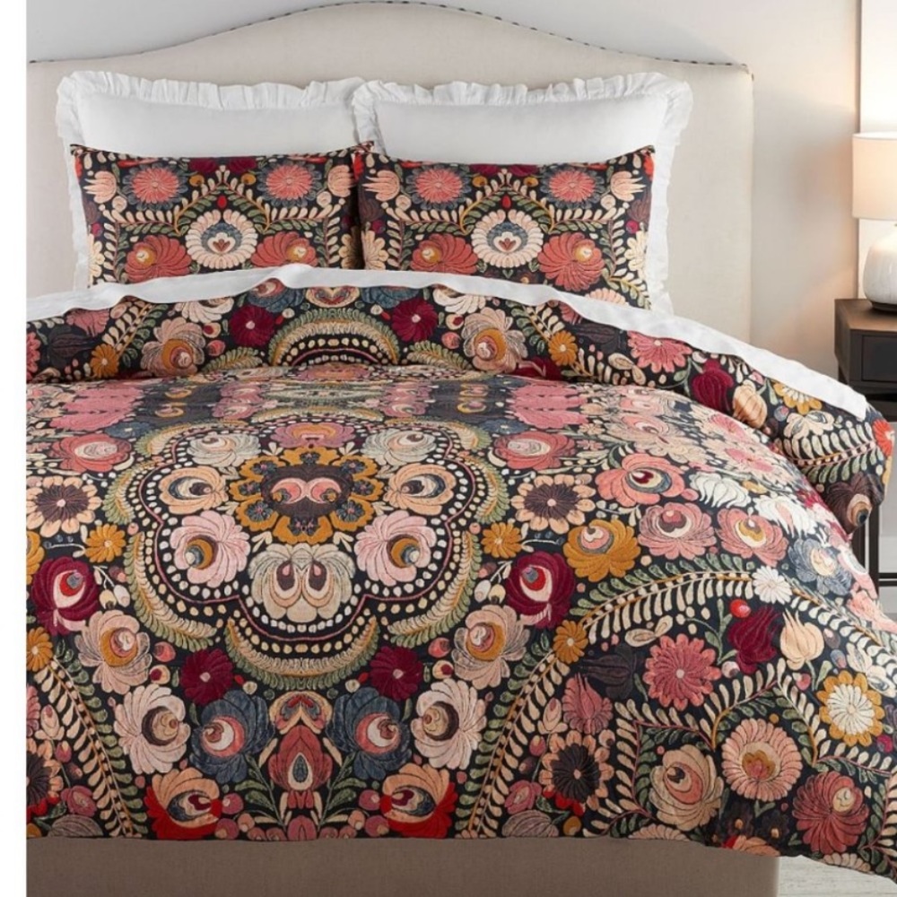 Helena Embroidered Floral Percale Duvet Cover Queen Size